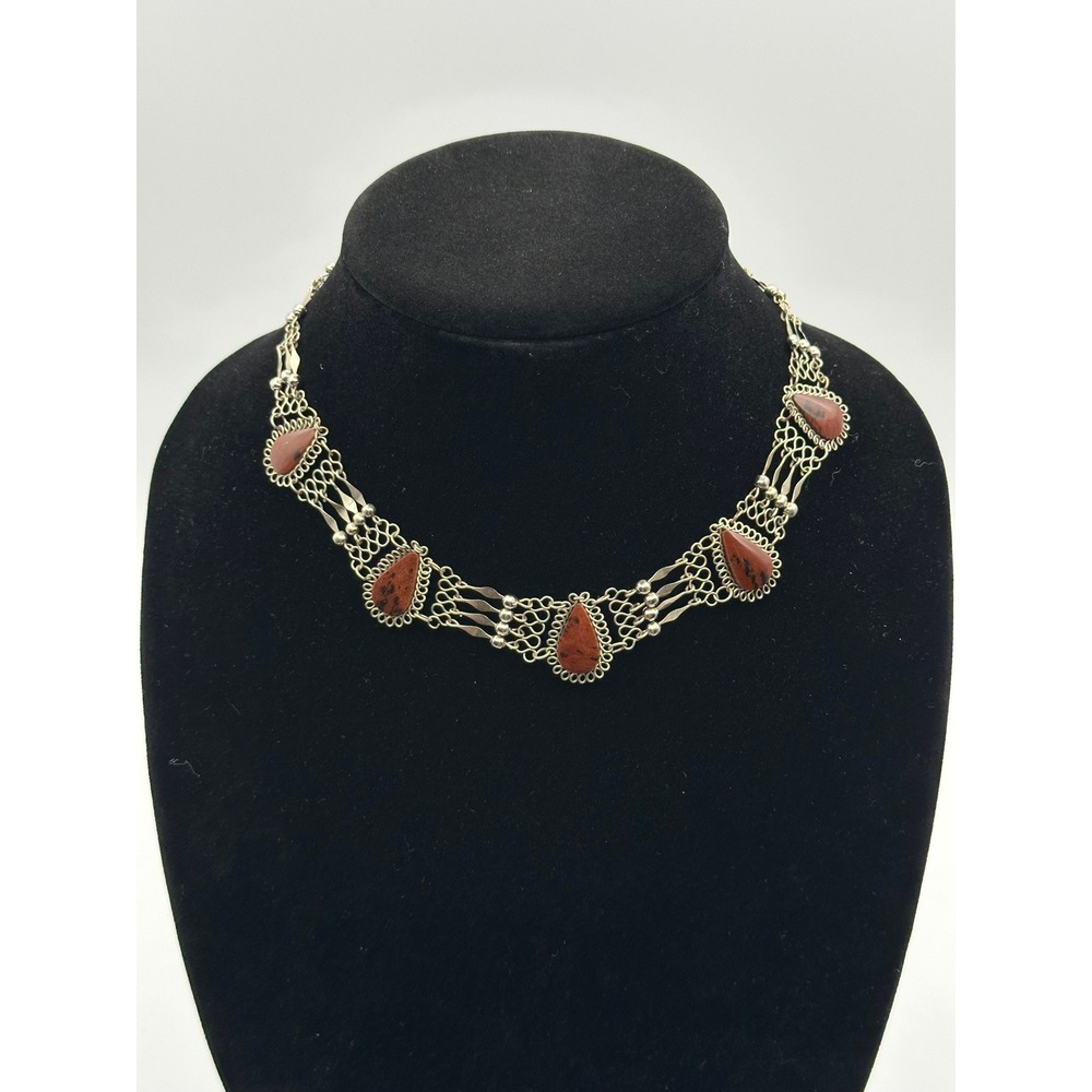Vintage Peruvian Filigree Necklace Red Jasper Silver Tone Handcrafted Ethnic